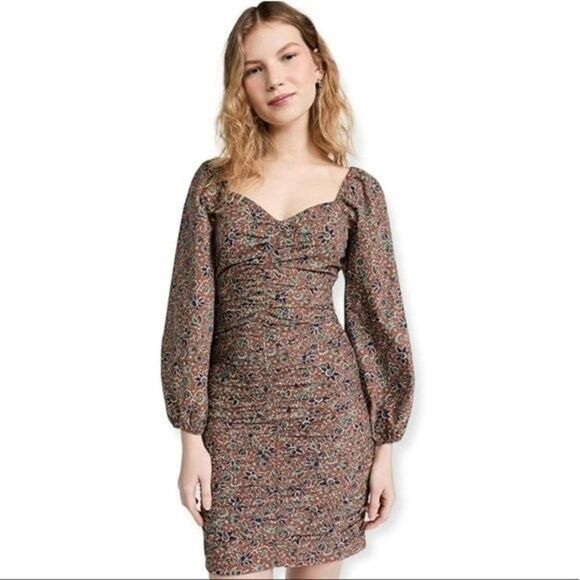 Veronica Beard Nadi Mini Dress Cinnamon Multi Puff Sleeve Ruched, Size 10 - Picture 1 of 11